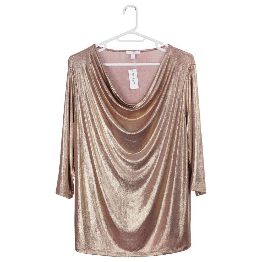 NWT Roz & Ali Top 3X Gold Metallic Shimmer Cowl Neck 3/4 Sleeve Stretch